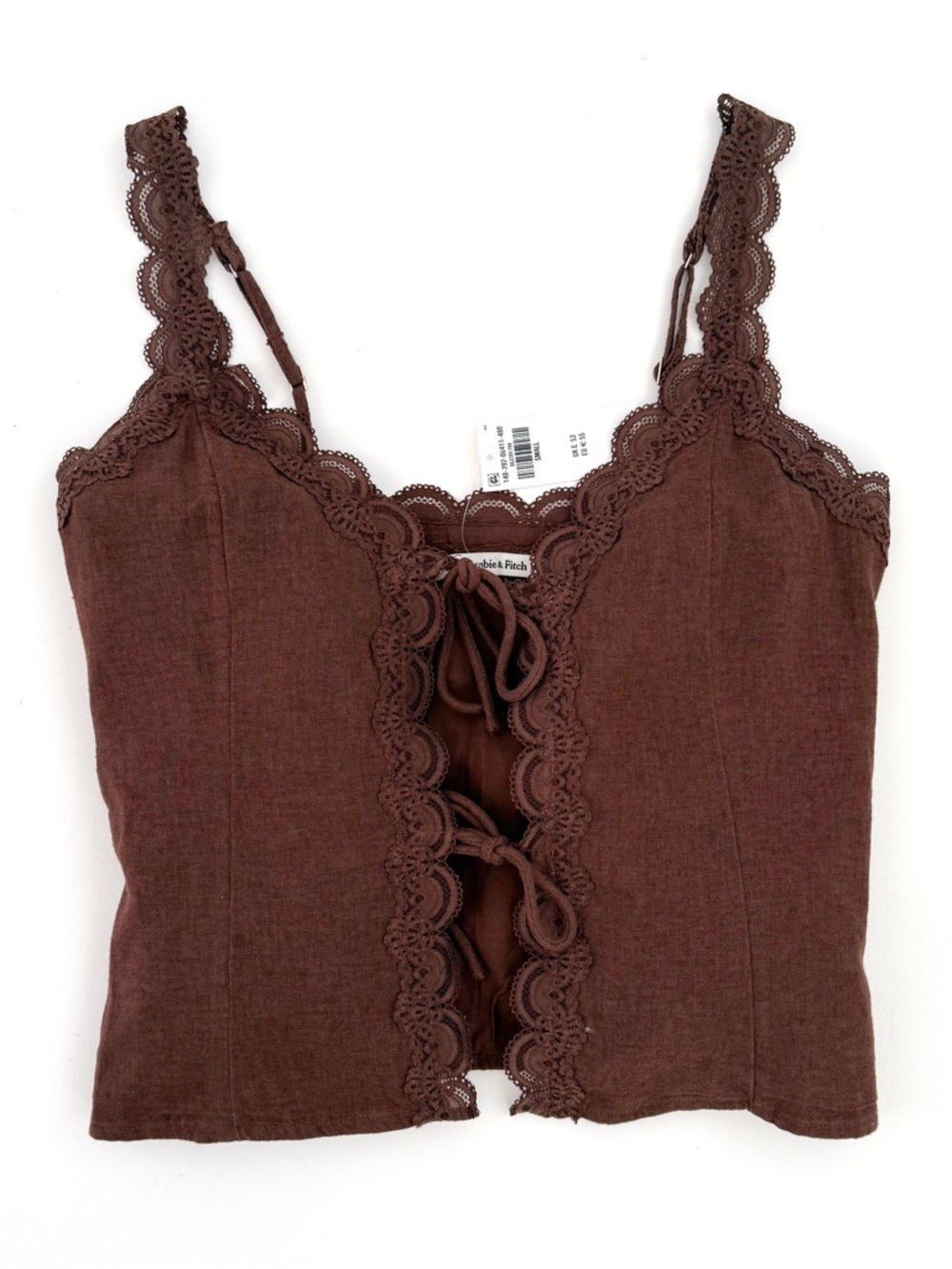 New Abercrombie & Fitch Linen Lace Trim Tie Front Camisole Top Brown Size Small